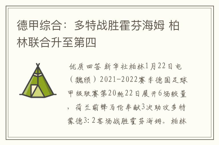 德甲综合:多特战胜霍芬海姆 柏林联合升至第四