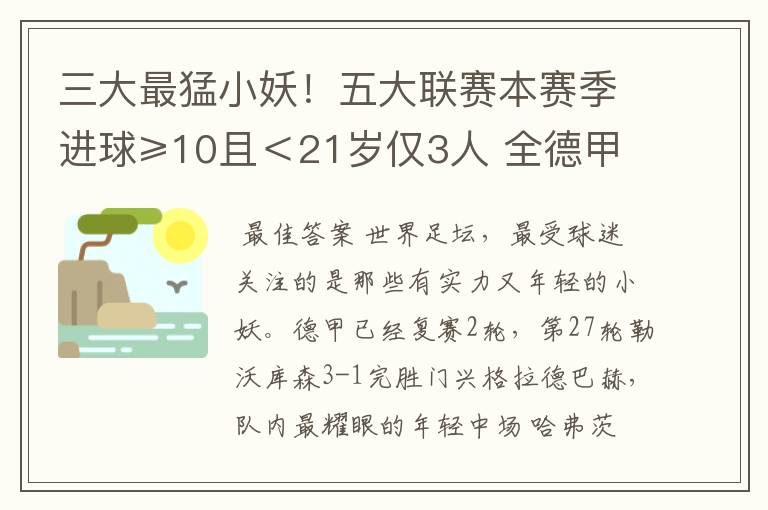 三大最猛小妖!五大联赛本赛季进球≥10且<21岁仅3人 全德甲制造