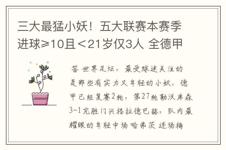 三大最猛小妖!五大联赛本赛季进球≥10且<21岁仅3人 全德甲制造