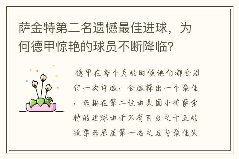 萨金特第二名遗憾最佳进球,为何德甲惊艳的球员不断降临?