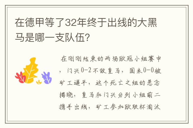 在德甲等了32年终于出线的大黑马是哪一支队伍?