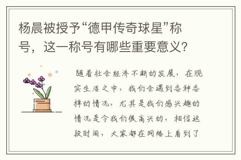 杨晨被授予“德甲传奇球星”称号,这一称号有哪些重要意义?