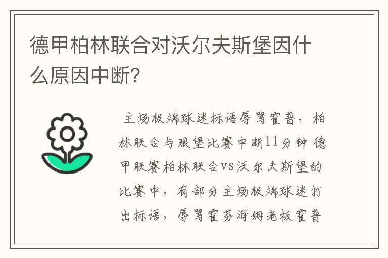德甲柏林联合对沃尔夫斯堡因什么原因中断?