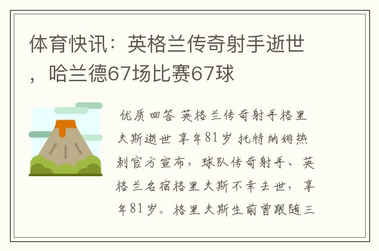 体育快讯:英格兰传奇射手逝世,哈兰德67场比赛67球