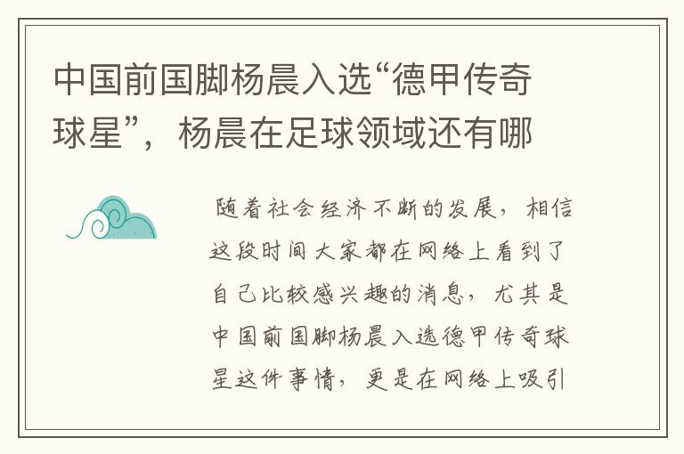 中国前国脚杨晨入选“德甲传奇球星”,杨晨在足球领域还有哪些成就?