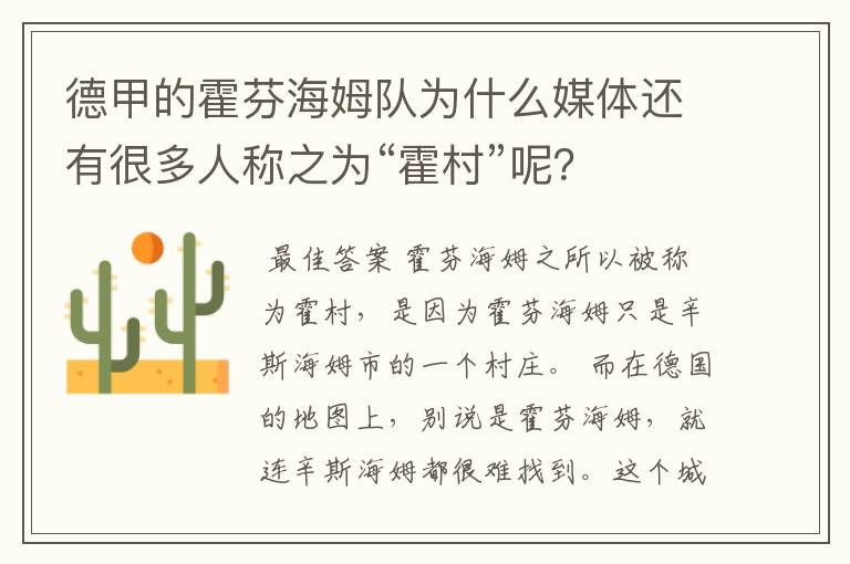 德甲的霍芬海姆队为什么媒体还有很多人称之为“霍村”呢?