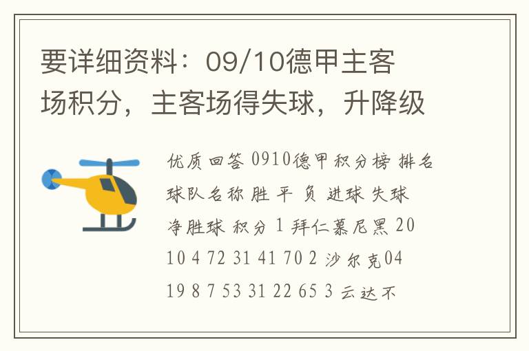 要详细资料：09/10德甲主客场积分，主客场得失球，升降级的球队。