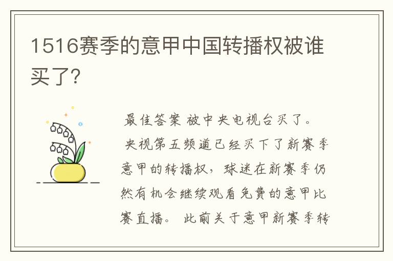 1516赛季的意甲中国转播权被谁买了?