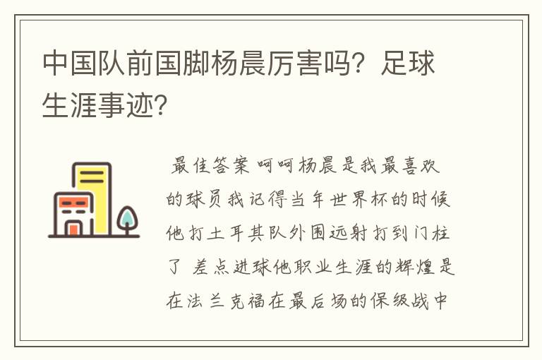 中国队前国脚杨晨厉害吗?足球生涯事迹?