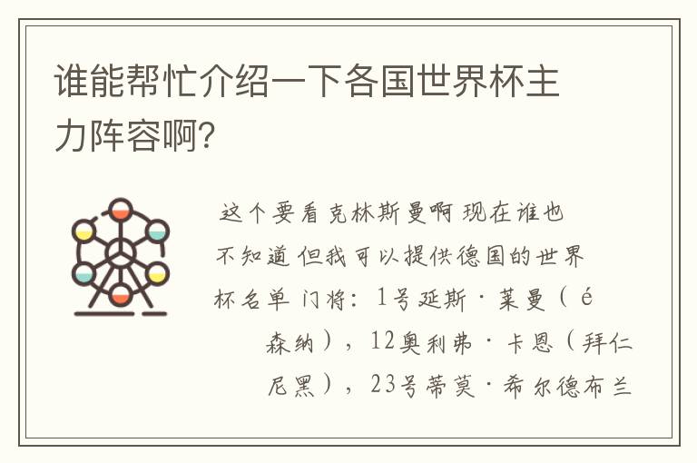 谁能帮忙介绍一下各国世界杯主力阵容啊?
