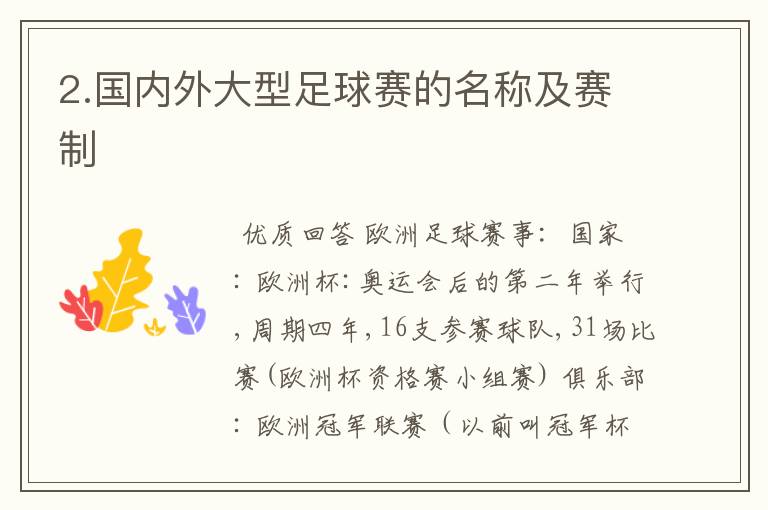 2.国内外大型足球赛的名称及赛制