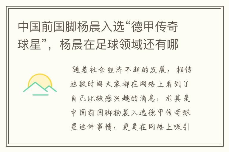 中国前国脚杨晨入选“德甲传奇球星”,杨晨在足球领域还有哪些成就?