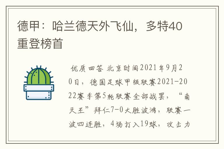 德甲：哈兰德天外飞仙，多特40重登榜首