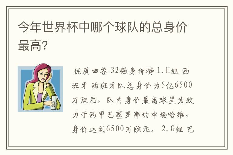 今年世界杯中哪个球队的总身价最高?