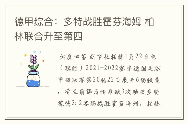 德甲综合:多特战胜霍芬海姆 柏林联合升至第四