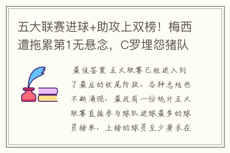 五大联赛进球+助攻上双榜!梅西遭拖累第1无悬念,C罗埋怨猪队友