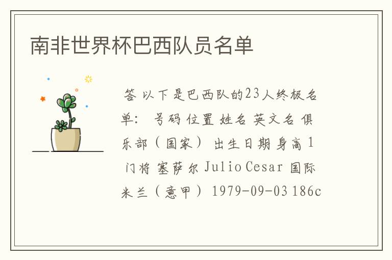 南非世界杯巴西队员名单