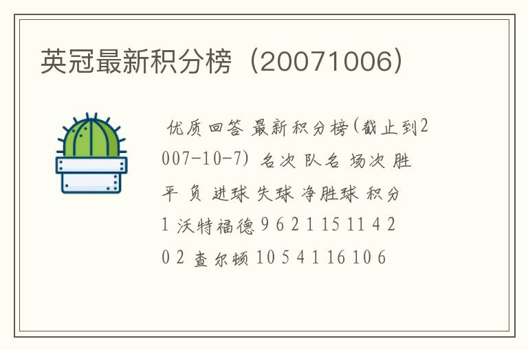 英冠最新积分榜(20071006)