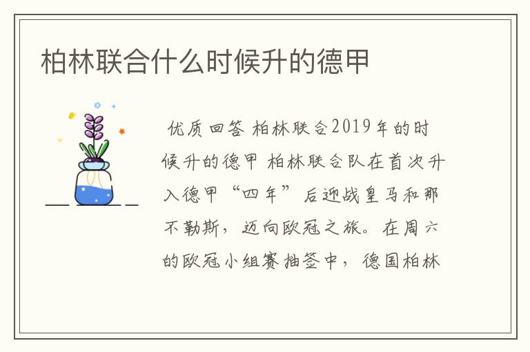 柏林联合什么时候升的德甲