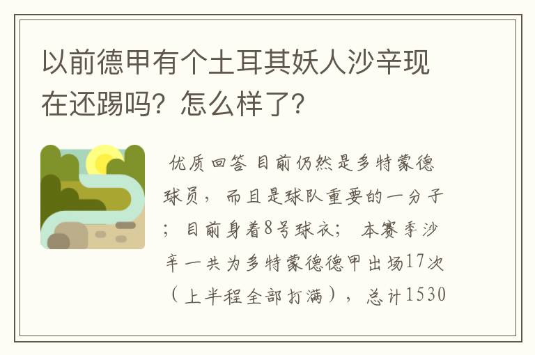 以前德甲有个土耳其妖人沙辛现在还踢吗?怎么样了?