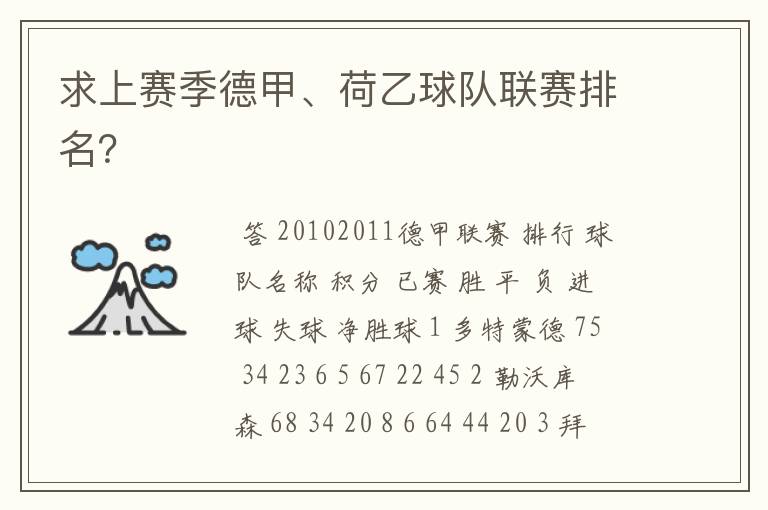 求上赛季德甲、荷乙球队联赛排名?