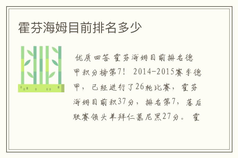 霍芬海姆目前排名多少