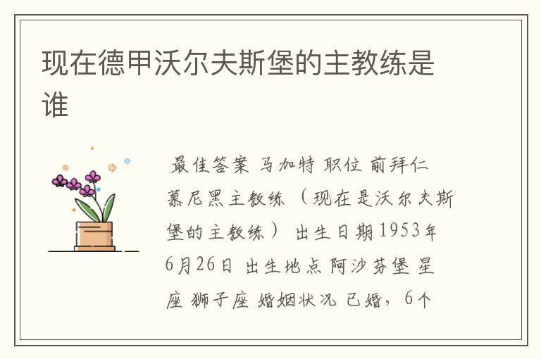 现在德甲沃尔夫斯堡的主教练是谁
