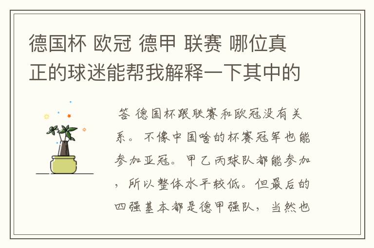 德国杯 欧冠 德甲 联赛 哪位真正的球迷能帮我解释一下其中的关系吗?