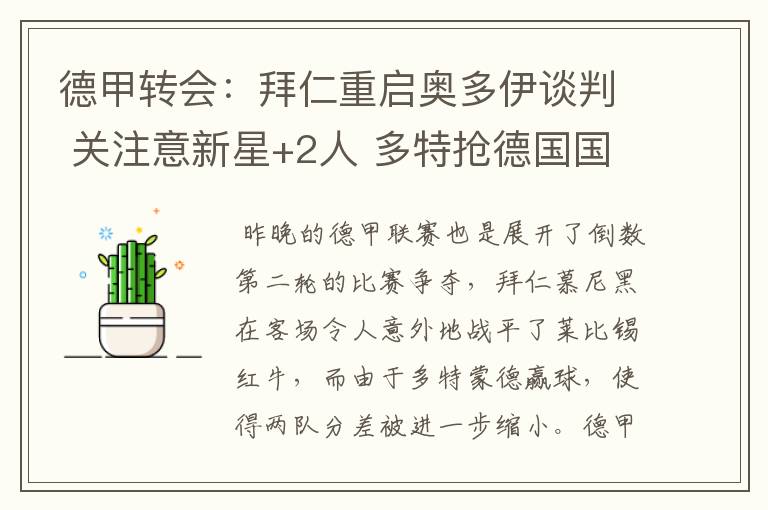 德甲转会：拜仁重启奥多伊谈判 关注意新星+2人 多特抢德国国脚