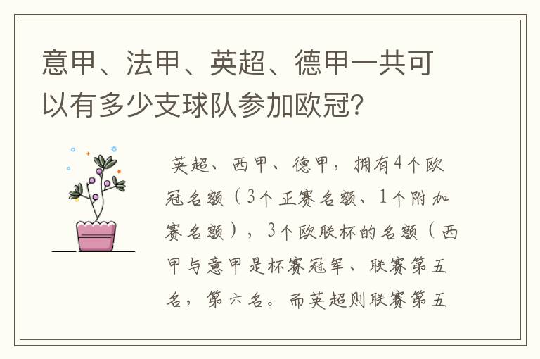 意甲、法甲、英超、德甲一共可以有多少支球队参加欧冠?
