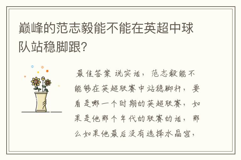 巅峰的范志毅能不能在英超中球队站稳脚跟?