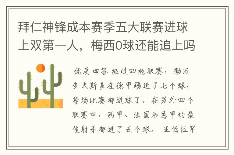 拜仁神锋成本赛季五大联赛进球上双第一人,梅西0球还能追上吗?