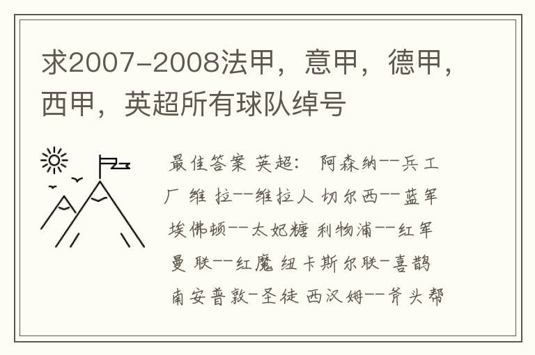 求2007-2008法甲,意甲,德甲,西甲,英超所有球队绰号