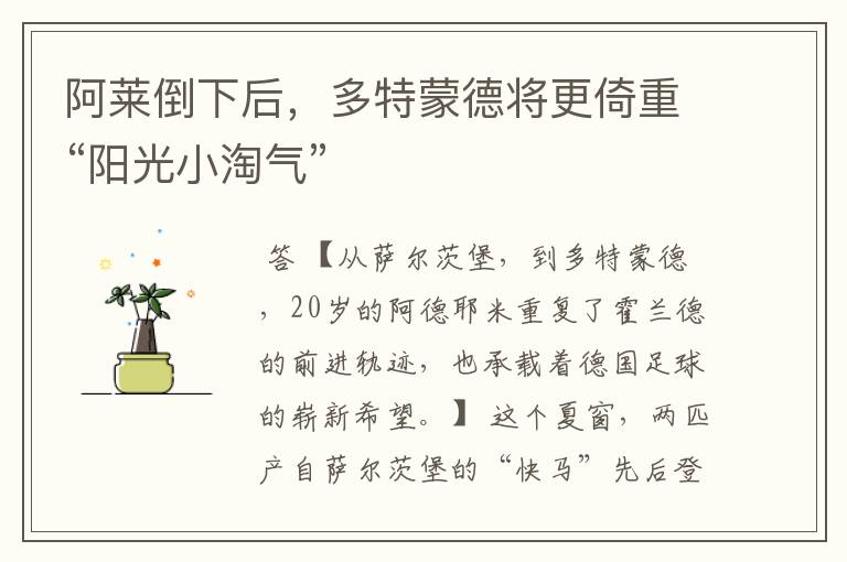 阿莱倒下后,多特蒙德将更倚重“阳光小淘气”