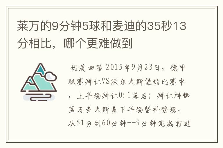 莱万的9分钟5球和麦迪的35秒13分相比,哪个更难做到