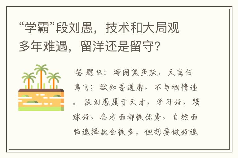 “学霸”段刘愚,技术和大局观多年难遇,留洋还是留守?