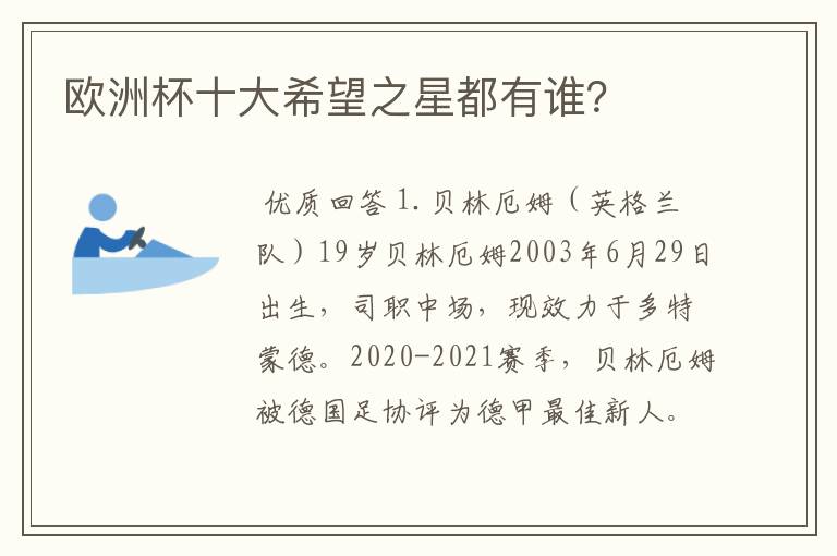 欧洲杯十大希望之星都有谁?