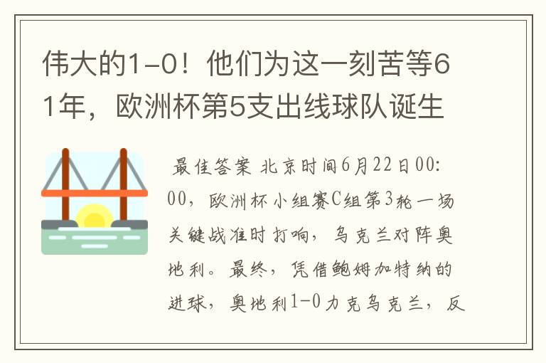 伟大的1-0!他们为这一刻苦等61年,欧洲杯第5支出线球队诞生