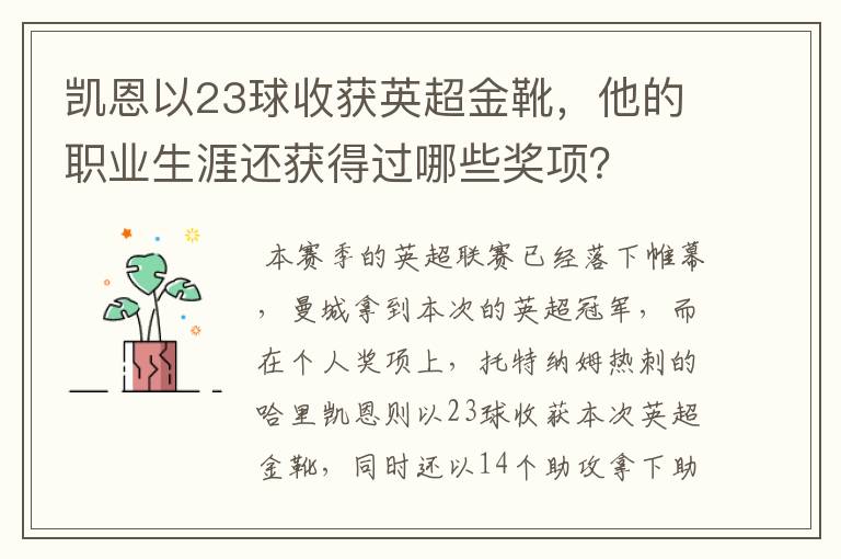凯恩以23球收获英超金靴,他的职业生涯还获得过哪些奖项?