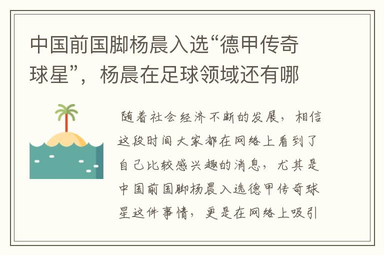 中国前国脚杨晨入选“德甲传奇球星”,杨晨在足球领域还有哪些成就?
