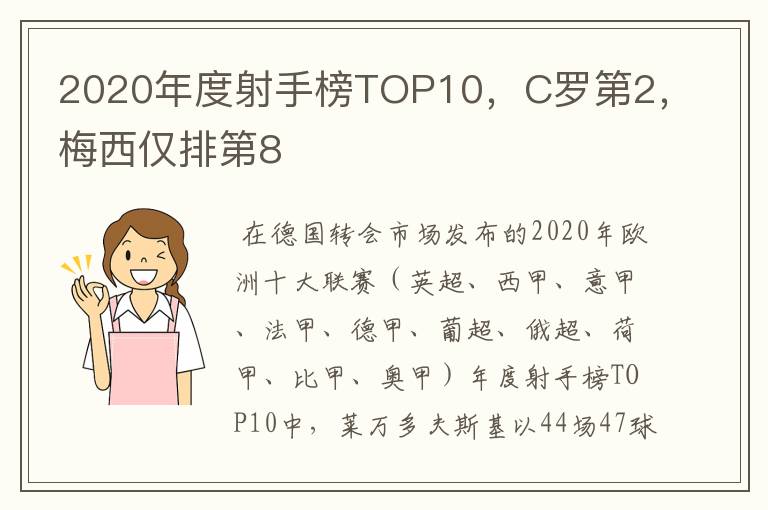 2020年度射手榜TOP10,C罗第2,梅西仅排第8