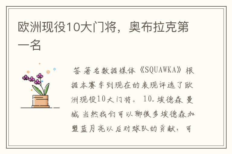 欧洲现役10大门将,奥布拉克第一名