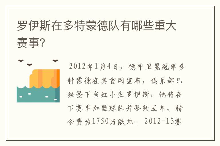 罗伊斯在多特蒙德队有哪些重大赛事?