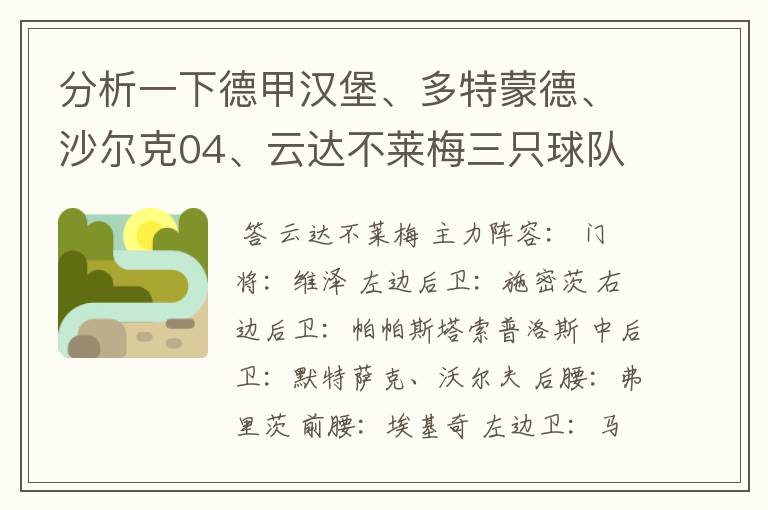 分析一下德甲汉堡、多特蒙德、沙尔克04、云达不莱梅三只球队的人员打法和阵型