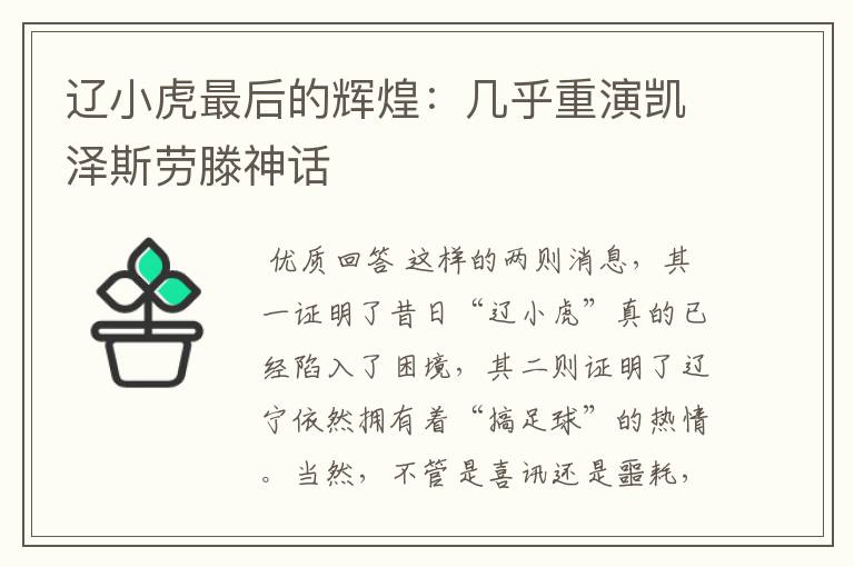 辽小虎最后的辉煌:几乎重演凯泽斯劳滕神话