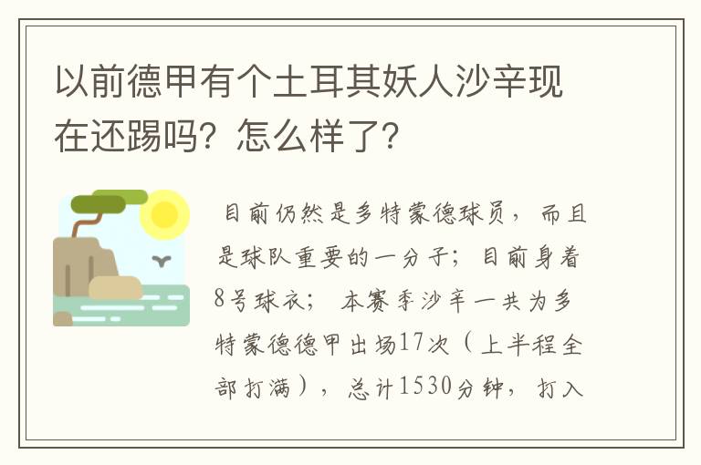 以前德甲有个土耳其妖人沙辛现在还踢吗?怎么样了?