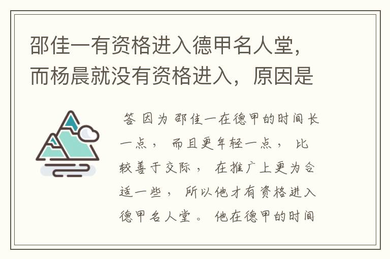 邵佳一有资格进入德甲名人堂,而杨晨就没有资格进入,原因是什么?