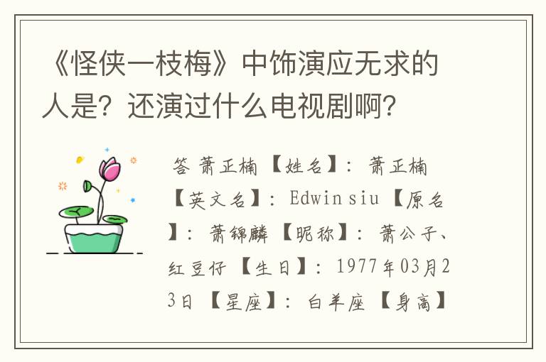 《怪侠一枝梅》中饰演应无求的人是?还演过什么电视剧啊?