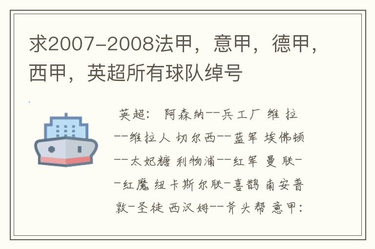 求2007-2008法甲,意甲,德甲,西甲,英超所有球队绰号