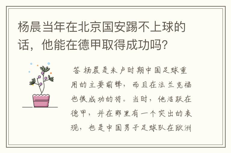 杨晨当年在北京国安踢不上球的话,他能在德甲取得成功吗?